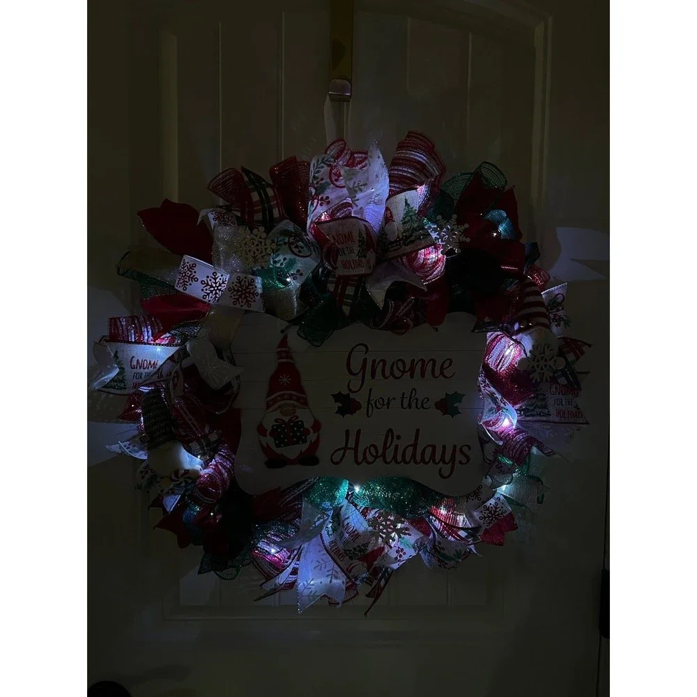 Handmade Christmas Gnome for the Holidays Ribbon Door Wreath 22 ins LED W37